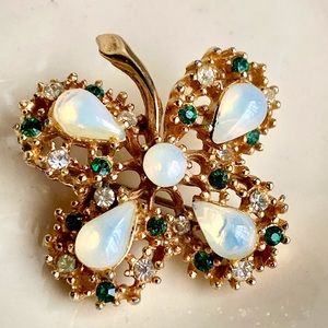 🍀lucky shamrock four leaf clover brooch vintage emerald, opal & diamond gold.1”